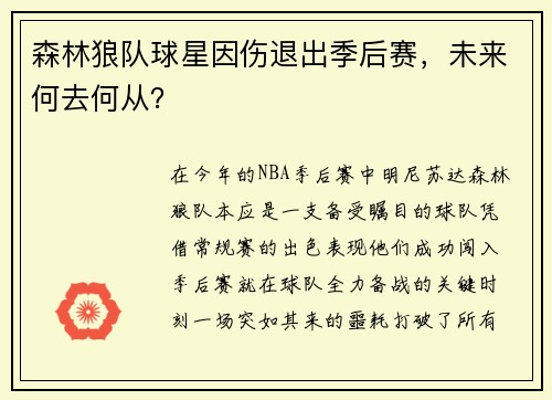 森林狼队球星因伤退出季后赛，未来何去何从？