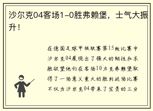 沙尔克04客场1-0胜弗赖堡，士气大振升！